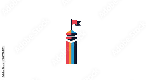 Colorful tower with a flag on top.