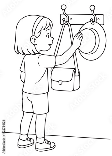 coloring book  girl hanging a hat and bag on wall hooks