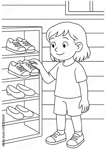coloring book  girl choosing shoes from a shoe rack