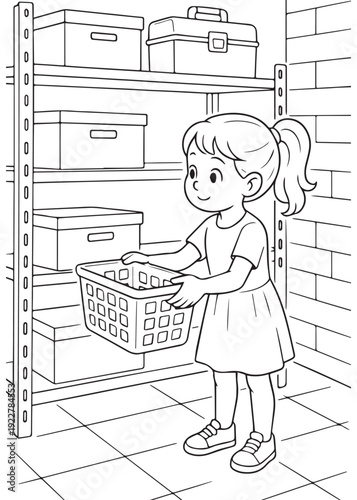 coloring book girl carrying a laundry basket to place on a shelf