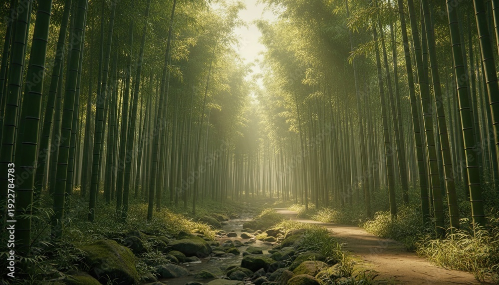 Obraz premium Golden Sun Rays Illuminating a Serene Bamboo Forest with a Winding Path and Mossy Stream