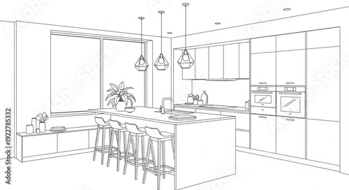 Modern Kitchen Interior Design Sketch with Island and Appliances.