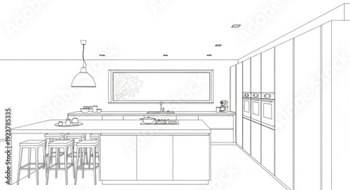 Modern Kitchen Interior Design Sketch with Island and Appliances.