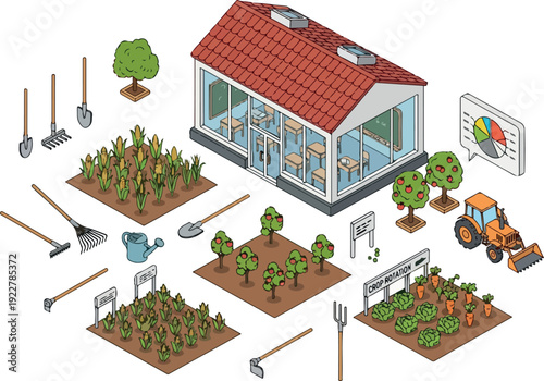Isometric illustration of a greenhouse surrounded by gardens and farming tools from an aerial viewpoint