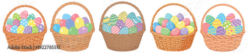 Five Easter Baskets Overflowing with Colorful Decorated Eggs
