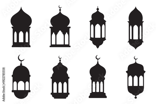 Arabic lantern silhouette set with crescent moon toppers and mosque inspired architecture for holy month
