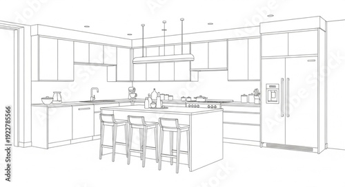 Modern Kitchen Interior Design Sketch with Island and Stools.