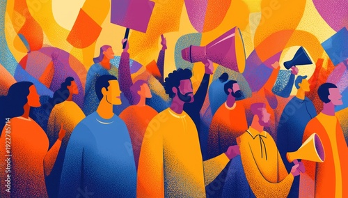 Vibrant Crowd Protest Illustration with Megaphones and Signs