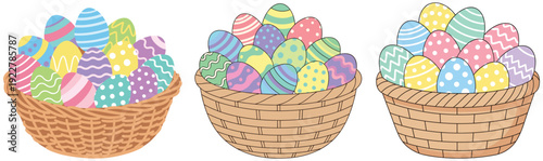 Three Wicker Baskets Full of Colorful Decorated Easter Eggs