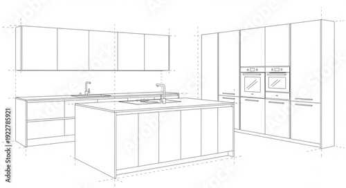 Modern Kitchen Interior Design Sketch with Island and Cabinets.