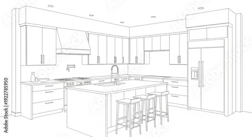 Modern Kitchen Interior Design Sketch with Island and Cabinets.
