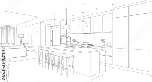 Modern Kitchen Interior Design Sketch with Island and Cabinets.
