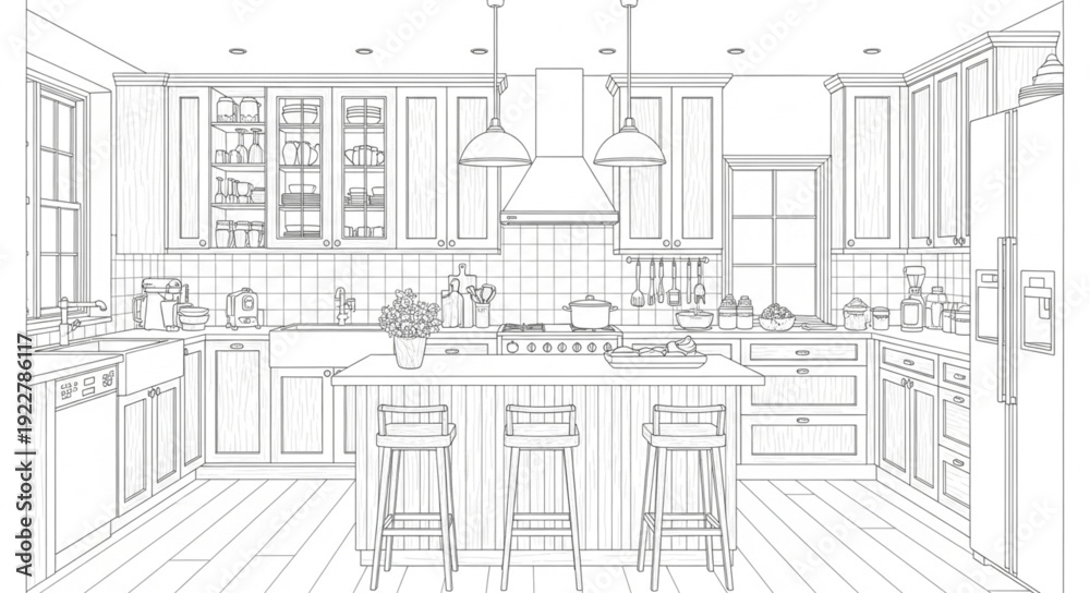 Fototapeta premium Modern Kitchen Interior Design Sketch with Island and Cabinets.