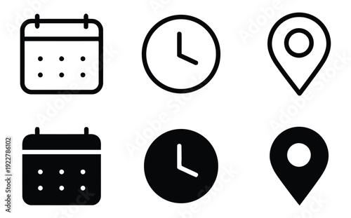 Pair of calendar and clock icons with location pin symbols for scheduling and navigation