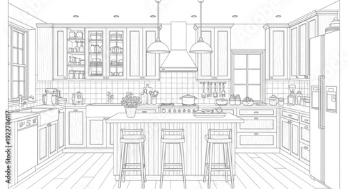 Modern Kitchen Interior Design Sketch with Island and Cabinets.