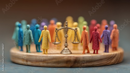 Miniature People Figures with Balance Scale Symbolizing Justice and Equality