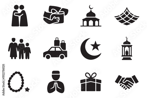Ramadan icons family greeting mosque crescent moon lantern prayer gifts handshake vector pack holiday