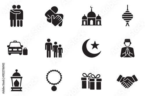 Islamic ramadan holy month icon set including mosque moon lantern gifts and family celebration elements