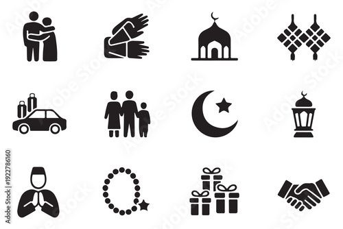 Islamic celebration icons family reunion mosque crescent moon lantern prayer gifts handshake set vector