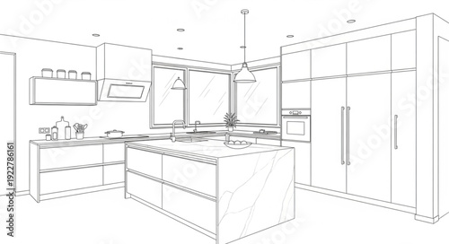 Modern Kitchen Interior Design Sketch with Island and Cabinets.
