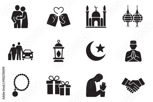 Muslim religious icons collection with mosque moon star prayer beads and traditional holiday decorations