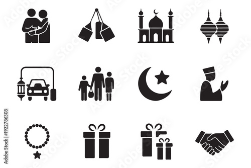 Ramadan kareem vector icons set. simple eid mubarak and muslim religion line art symbols bundle