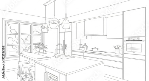 Modern Kitchen Interior Design Sketch with Island and Appliances.