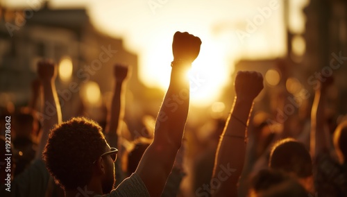Uplifting Moment: Crowd Raising Fists in Solidarity at Sunset