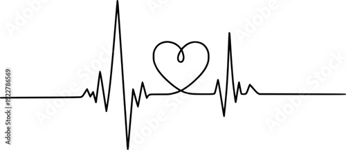Black continuous of a heartbeat E C G waveform with a heart shape integrated into the electrocardiogram
