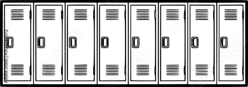 Row of simple black outline school lockers a white background metal storage
