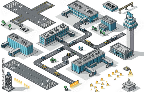 Industrial facility with buildings, roads, and control tower viewed from above