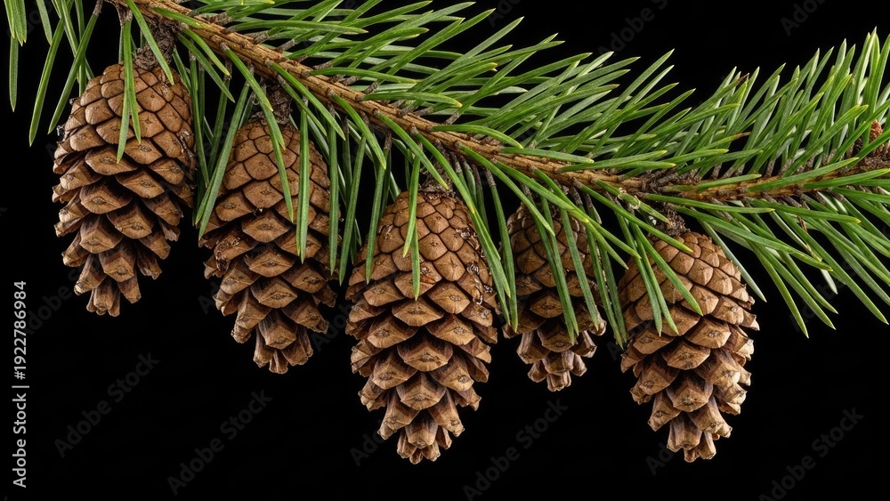 Fototapeta premium Close up of pine cones and evergreen branches against dark background