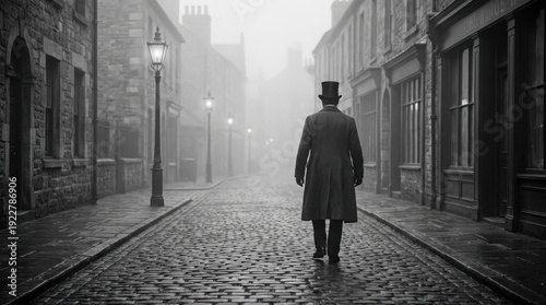 Wallpaper Mural Vintage Man in Long Coat and Top Hat Walking on Cobblestone Street Torontodigital.ca