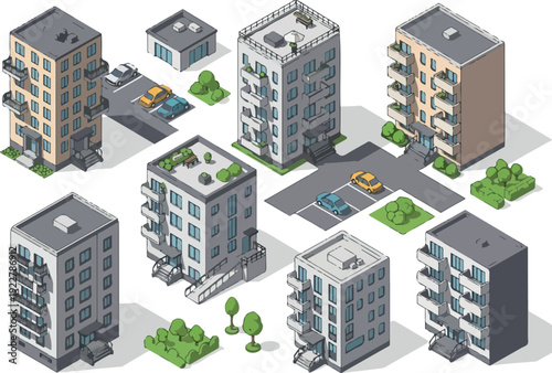 Isometric illustration of modern cityscape with buildings, trees, and vehicles from an aerial viewpoint