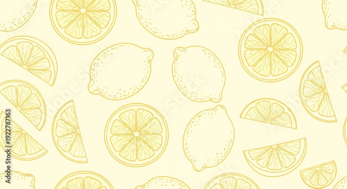 Seamless pattern of yellow lemon outlines and slices a light cream background citrus fruit
