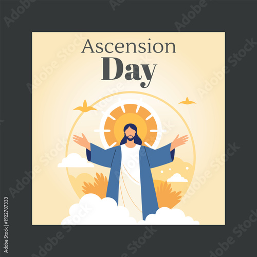 An illustrative depiction of ascension day featuring jesus christ ascending into heaven amidst clouds and sunlight