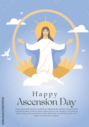 An illustration celebrating ascension day with jesus ascending to heaven amidst clouds and sun rays