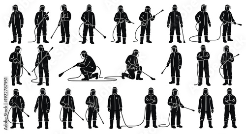 Collection of firefighter silhouettes in various poses and actions with equipment, illustrating different techniques and emergencies from multiple viewpoints