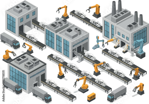 Industrial facility with robotic arms and conveyor belts in operation from an aerial viewpoint