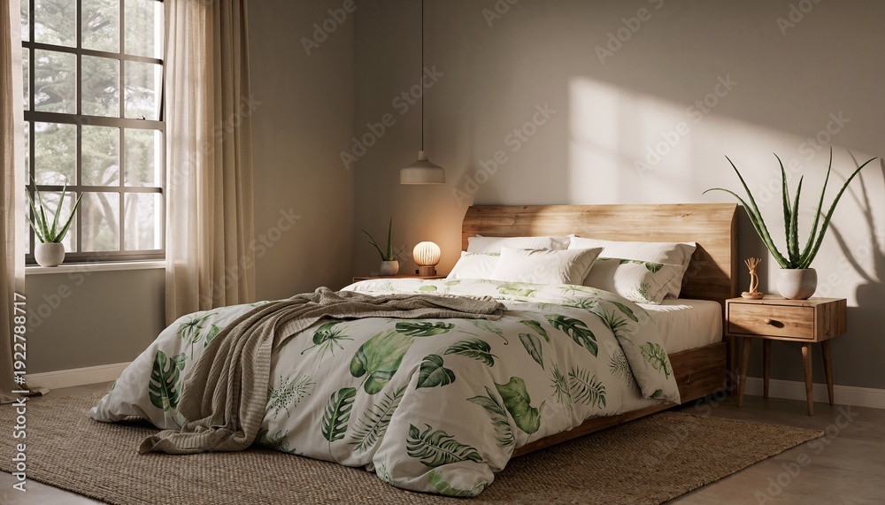 custom made wallpaper toronto digitalTranquil Botanical Bedroom Sanctuary With Natural Wood Furniture And Tropical Plant Bedding In Sunlit Modern Interior