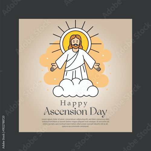 A vibrant illustration celebrating happy ascension day, depicting jesus christ ascending to heaven amidst clouds and a radiant halo.