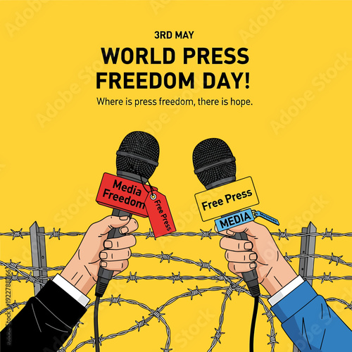 World Press Freedom Day illustration with microphones and barbed wire fence