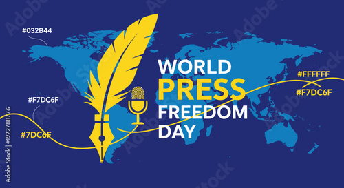 World Press Freedom Day awareness campaign with microphone and feather pen on world map