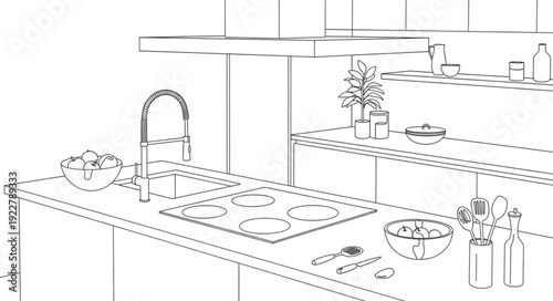 Modern Kitchen Interior Design Sketch with Island and Appliances.