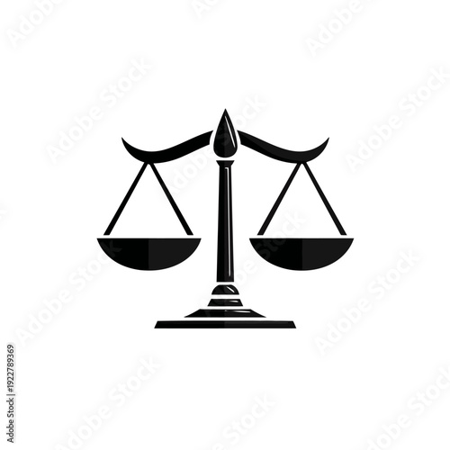 Classic black balance scales icon representing justice, law, equality, fairness, and equilibrium. Isolated vector symbol.