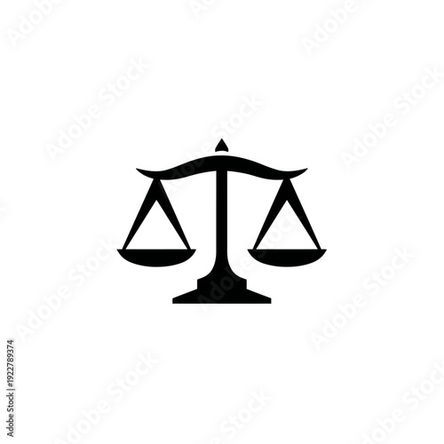 Black silhouette balance scale icon symbolizing justice, law, fairness, equality, and judgment. Conceptual graphic for legal decisions.