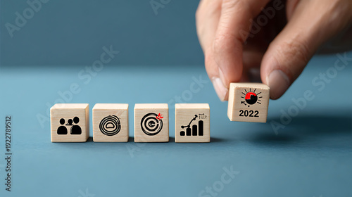 Four businessmen standing and consider with dartboard icon for review business achievement objective target and goal concept.
