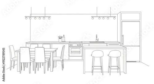 Modern Kitchen Interior Design Sketch with Dining Area.