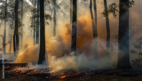 Wallpaper Mural Dramatic Forest Fire Scene With Orange Flames and Thick Smoke Billowing Between Dark Tree Trunks at Dawn Torontodigital.ca
