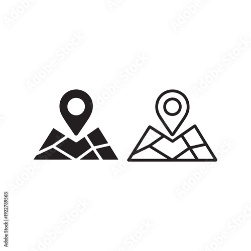 Two pin icons rest on mountainous map illustrations for navigation